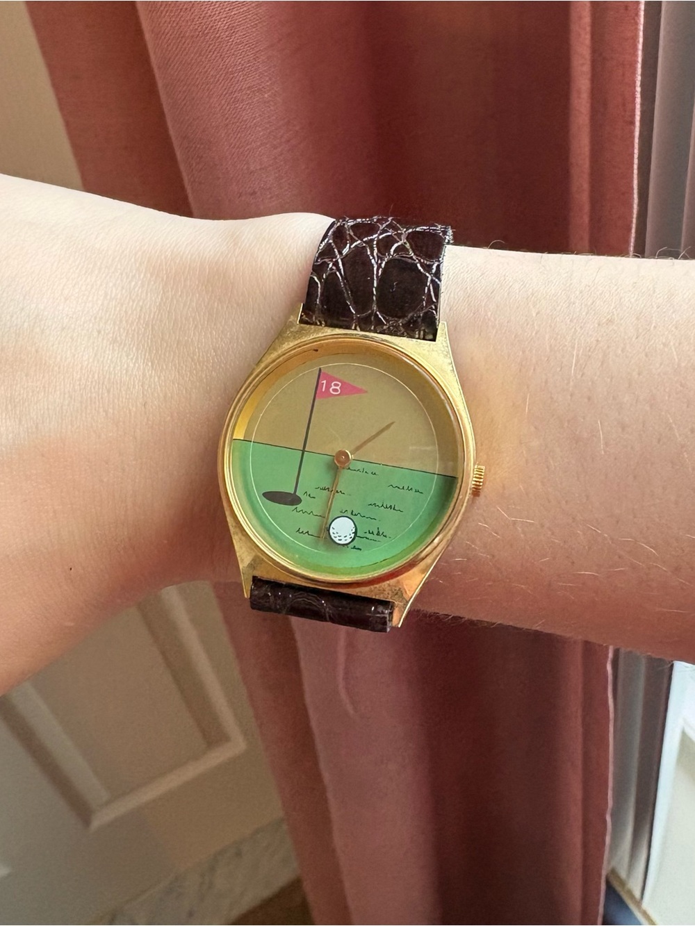 Gold-Tone Golf Dial Watch with Brown Leather Strap